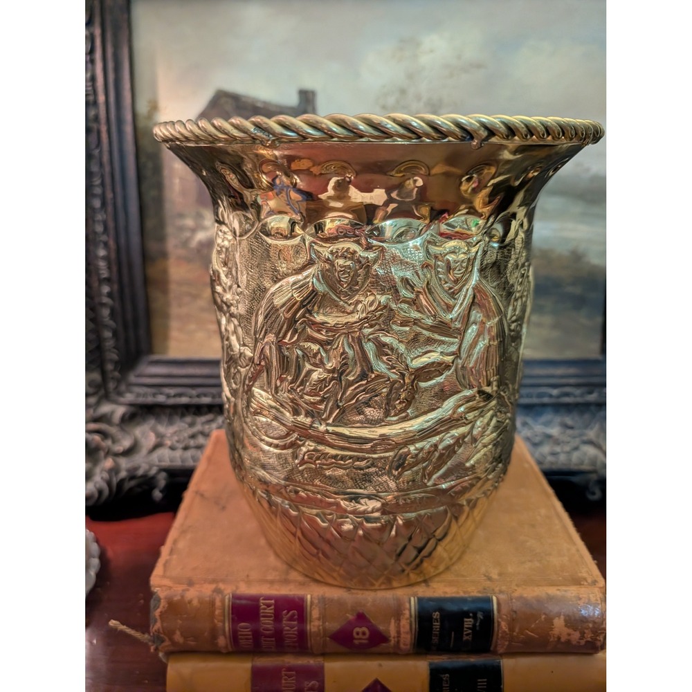 Vintage Embossed Brass Planter Tavern Scene Made in India 9x7.5 Twisted Rope Rim